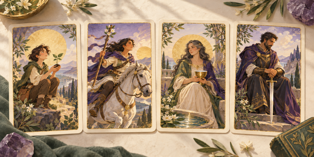 Lá bài hoàng gia Tarot: cách đọc Page, Knight, Queen, King